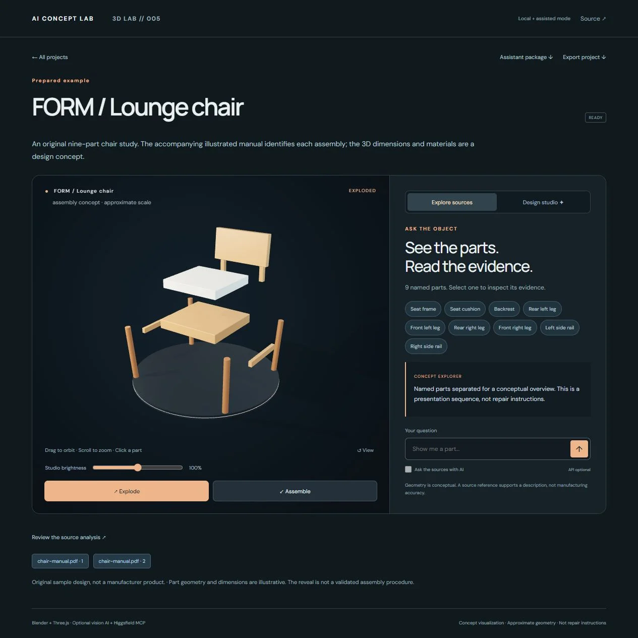 Actual Inside Anything app showing the chair assembly and source evidence