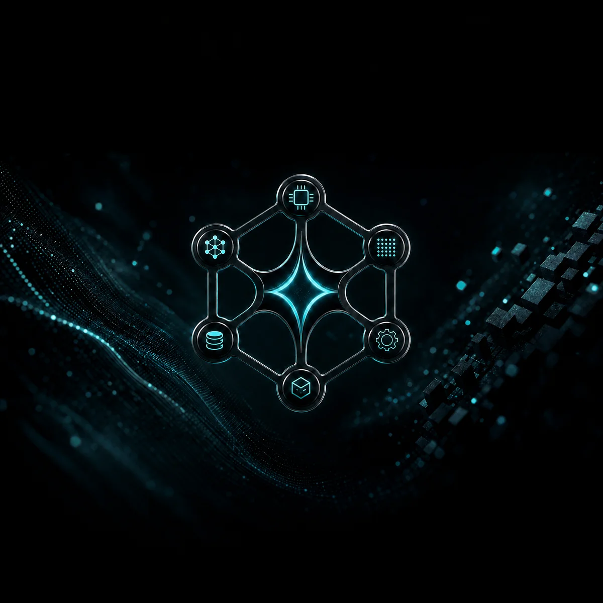 AI Concept Lab's cyan network emblem connecting six technology symbols