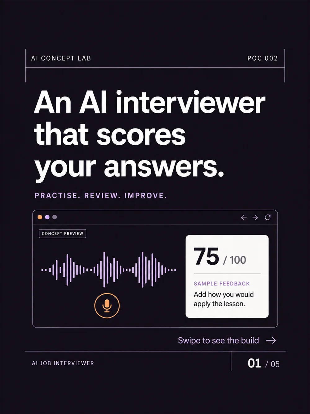 AI interviewer concept with a voice waveform and sample feedback