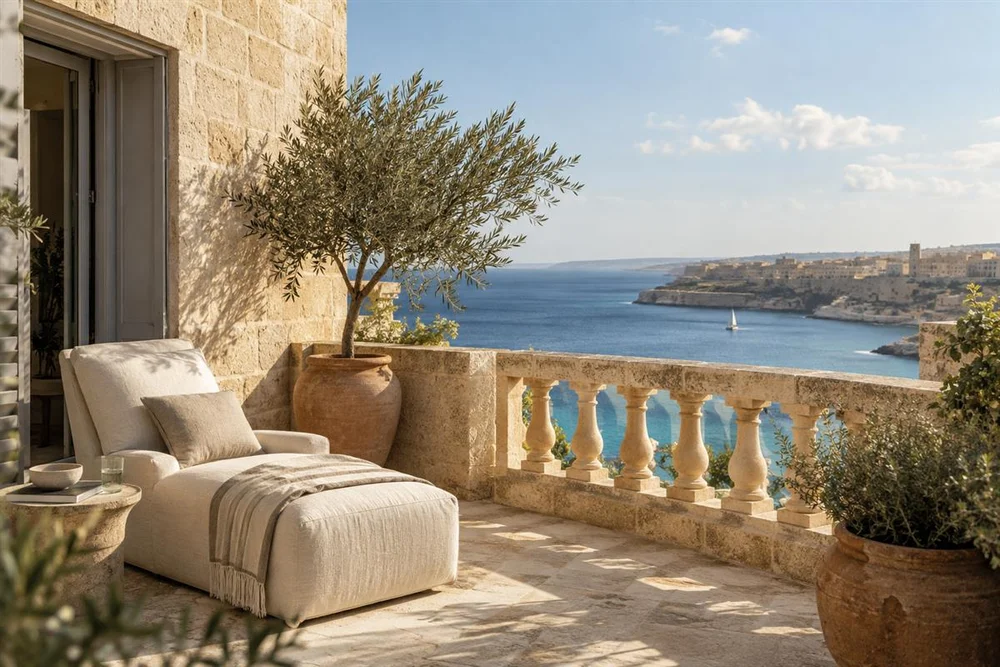 Sunlit Mediterranean terrace overlooking the sea, generated for the Shore demo