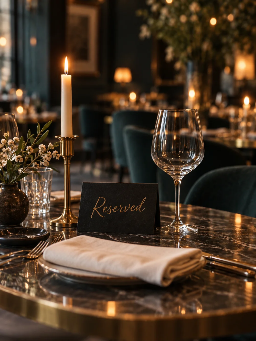 Warmly lit restaurant table with a reserved sign