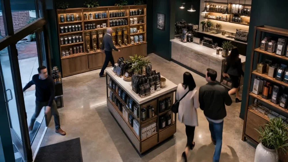 Frame from the generated coffee-shop video with shoppers near a central display