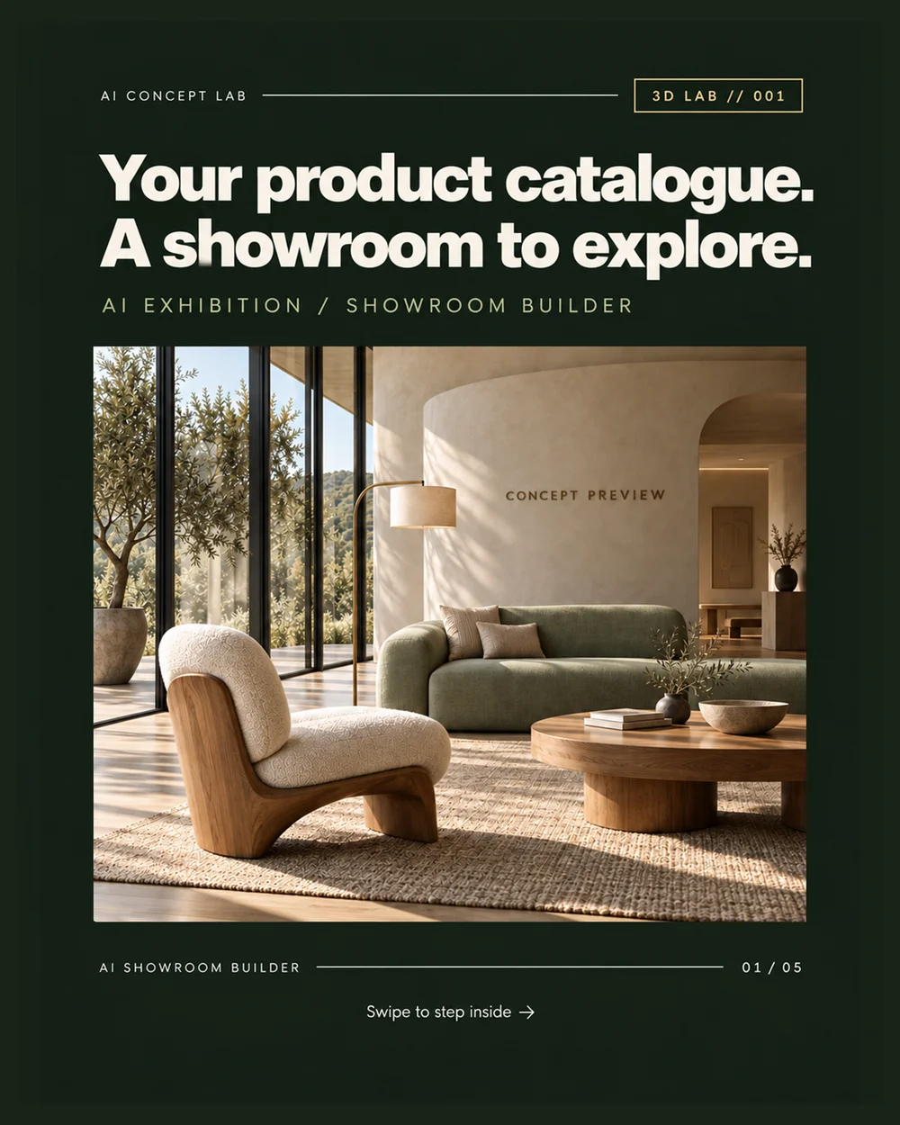 AI Showroom Builder carousel showing the furniture showroom concept