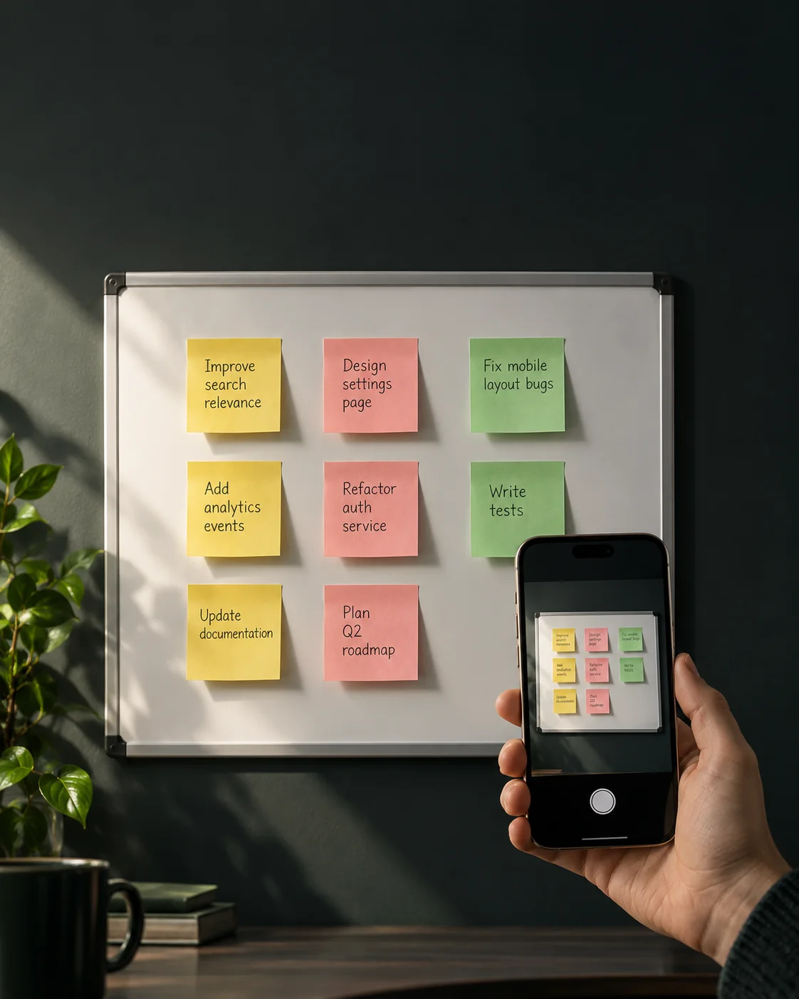 Photographed sticky-note whiteboard used for the StickyShip backlog experiment